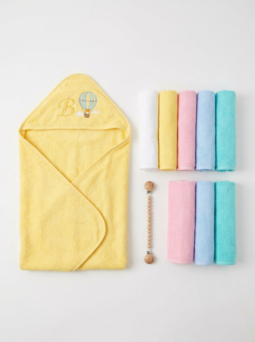 Soft Yellow Hot Air Balloon Hooded Bath Towel with Matching Washcloths Set