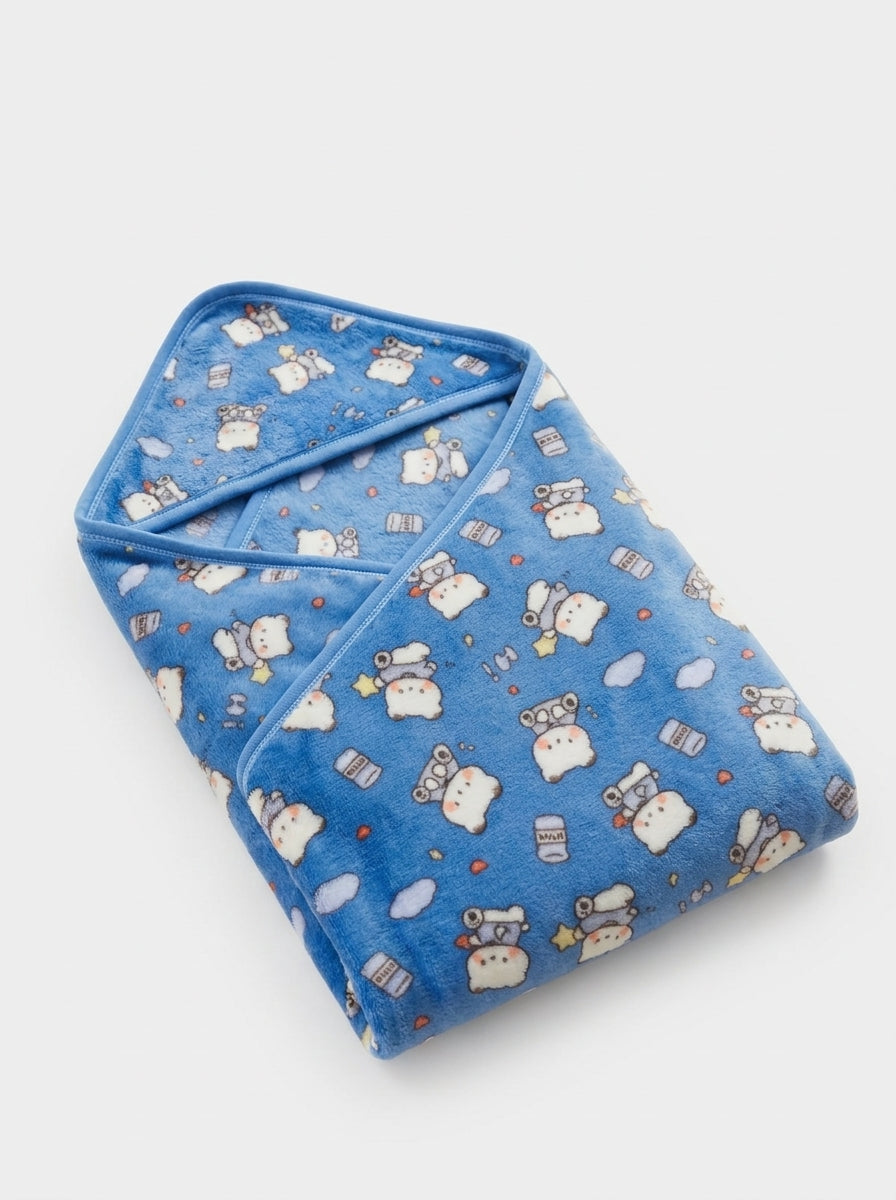 Royal Blue Space Bear Printed Hooded Plush Baby Blanket