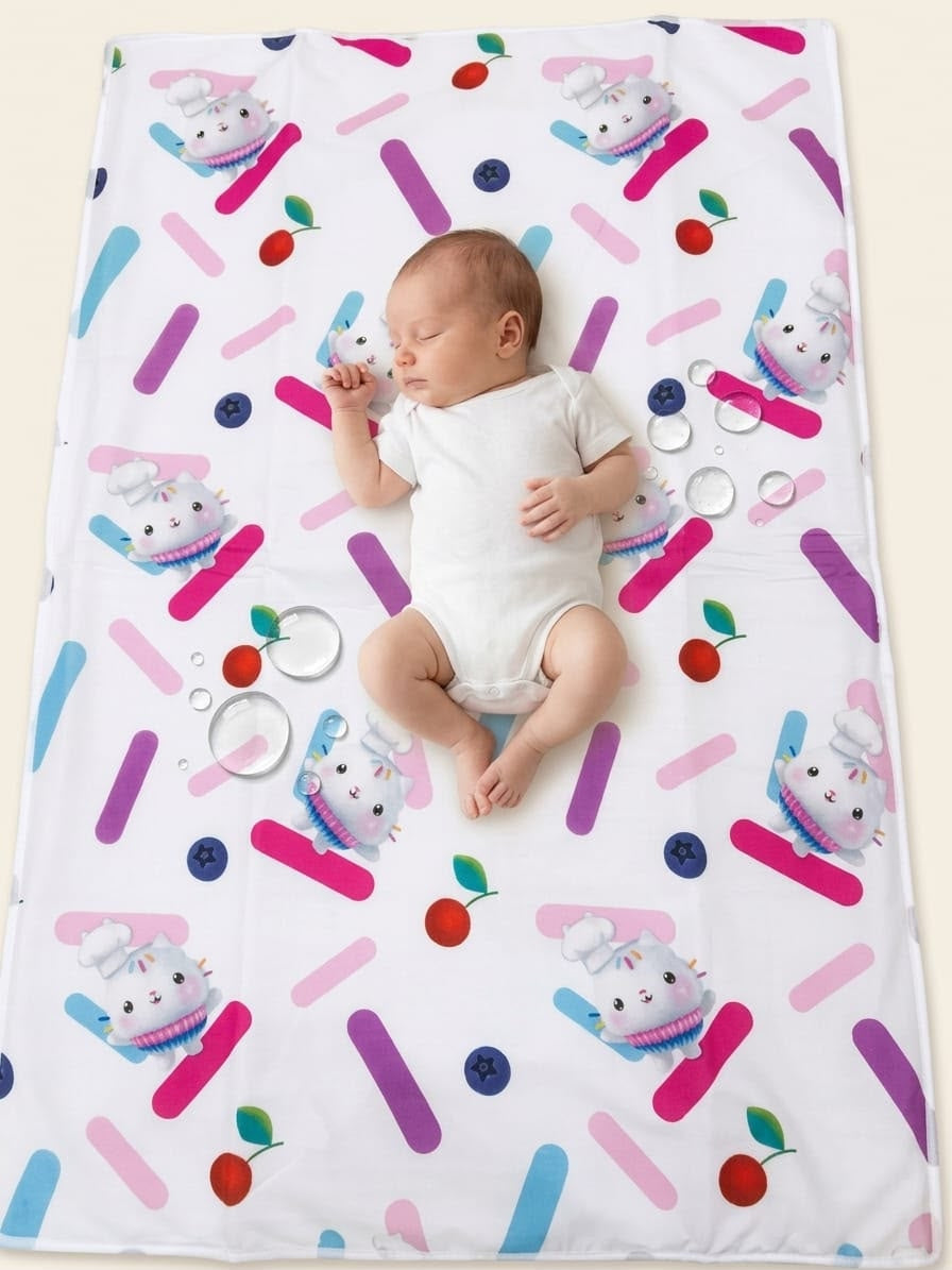 White Sweet Treats & Kitty Printed Baby Waterproof Dry Sheet