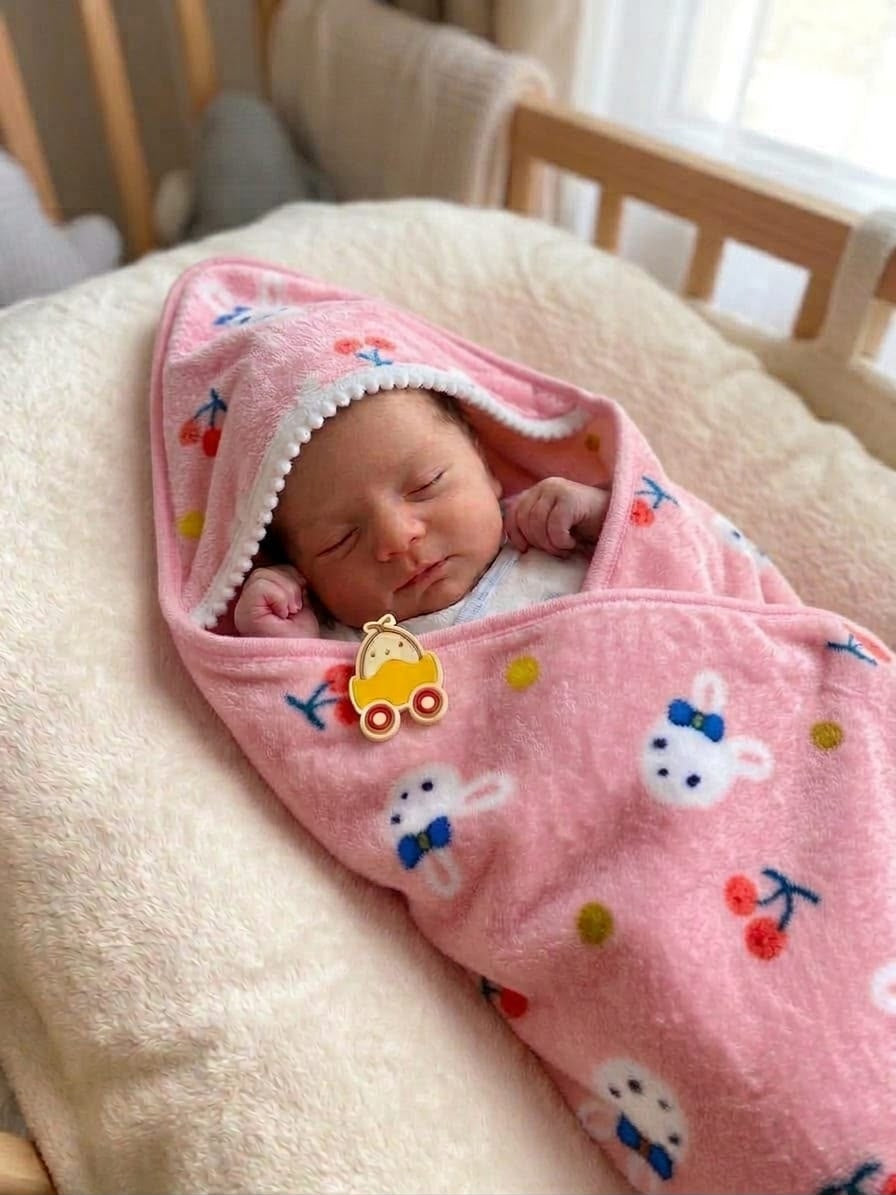 Pink Bunny & Cherry Hooded Plush Baby Blanket