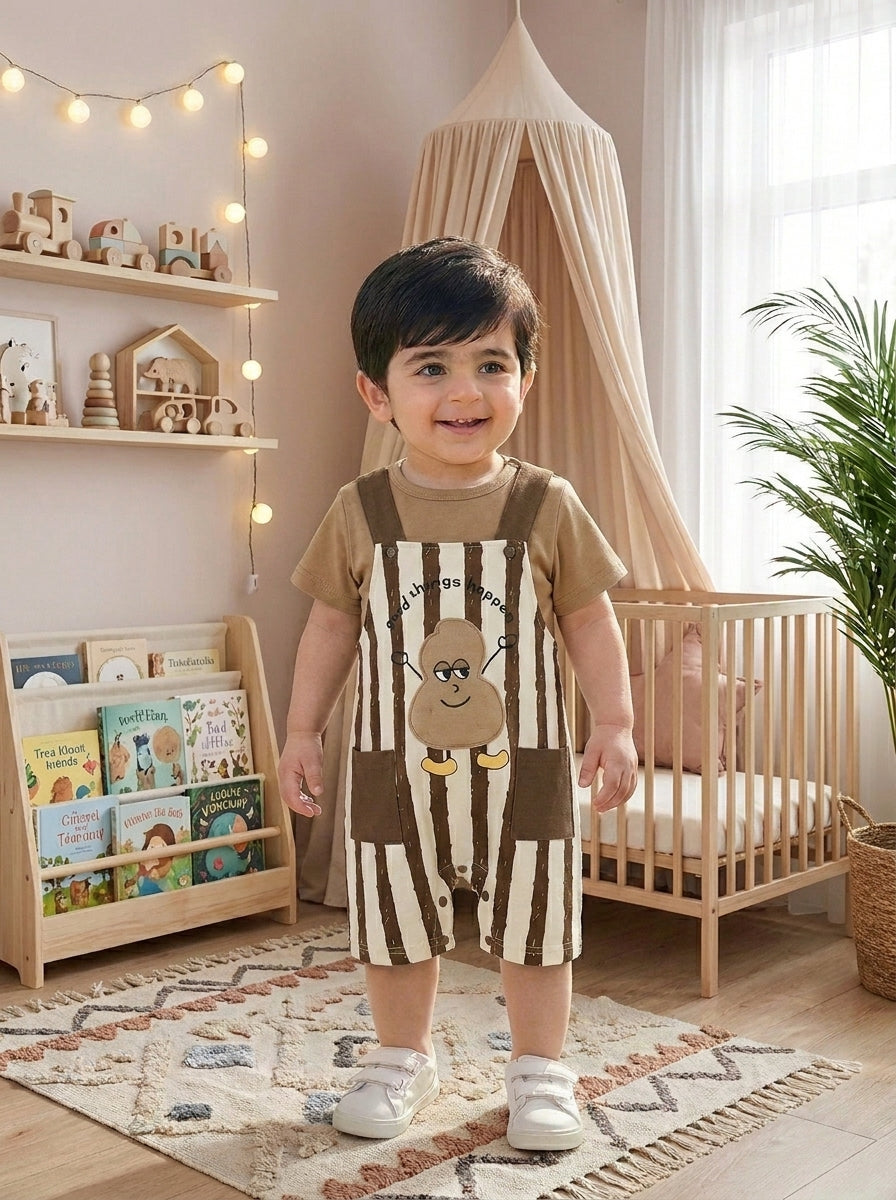 Striped Premium Cotton Tee & Dungaree Overalls Romper Set