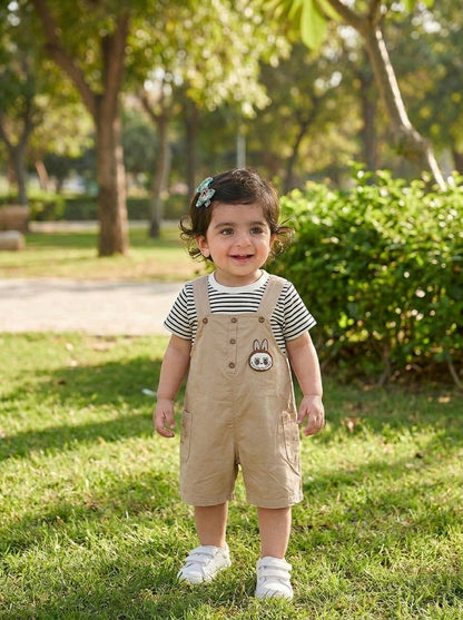 Labubu Inspired 2-Piece Premium Cotton Striped Tee & Dungaree Shorts Set