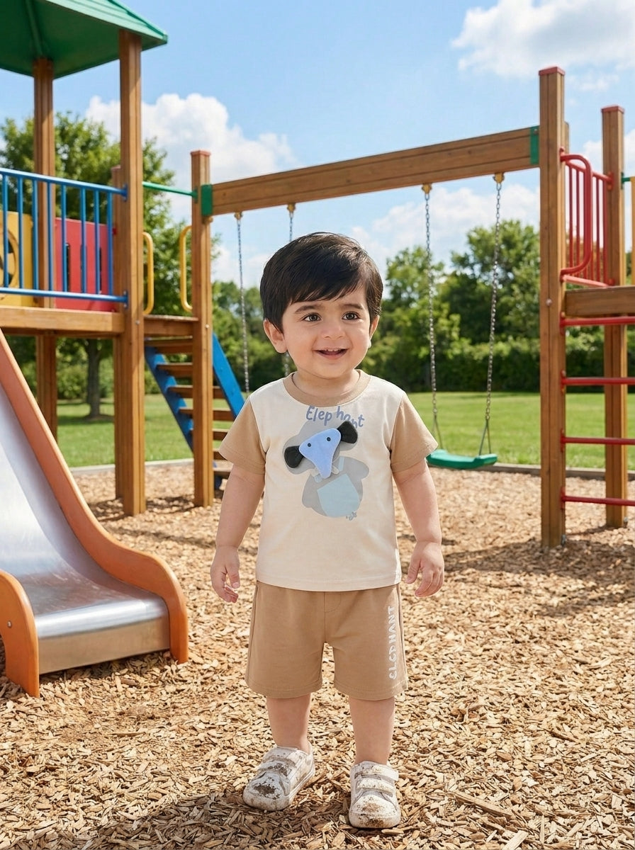 Yibeiwa 3D Elephant 2-Piece Premium Cotton Tee & Shorts Set