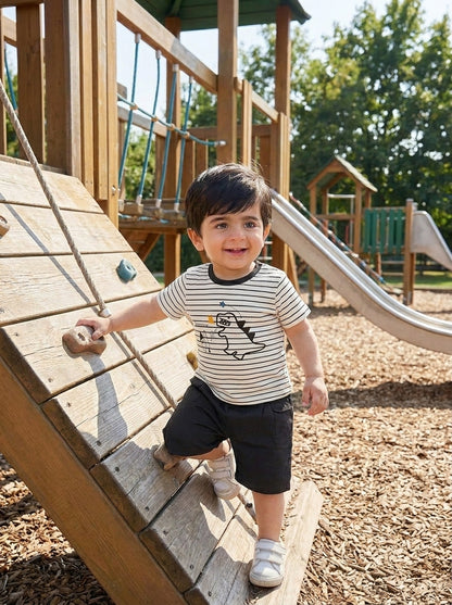 Yibeiwa Dino Striped 2-Piece Premium Cotton Tee & Cargo Shorts Set