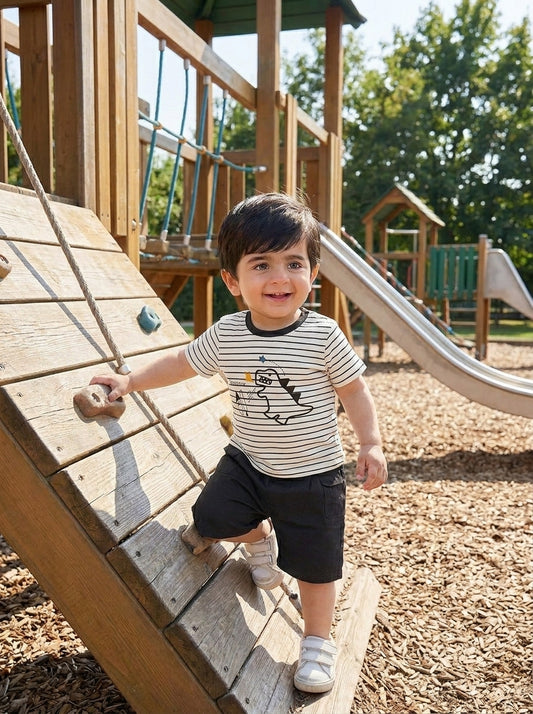 Yibeiwa Dino Striped 2-Piece Premium Cotton Tee & Cargo Shorts Set