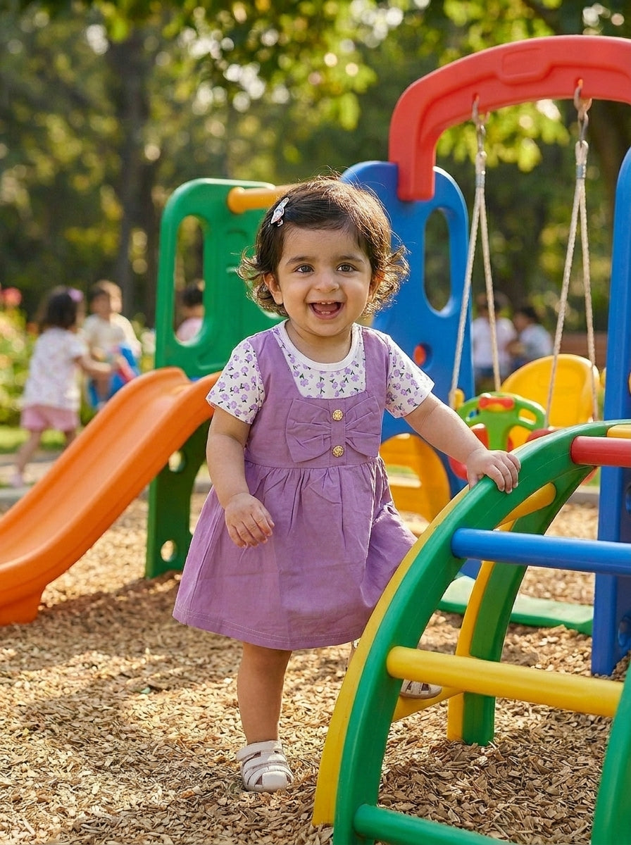 Flower Girl 2-Piece Premium Cotton Layered Purple Pinafore Frock Set