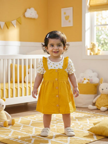 Flower Girl 2-Piece Premium Cotton Layered Yellow Pinafore Frock Set
