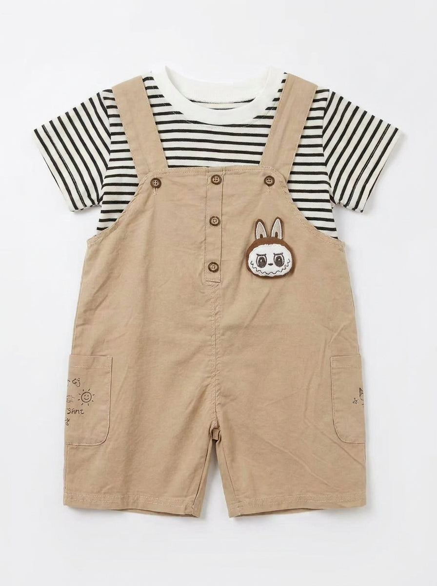 Labubu Inspired 2-Piece Premium Cotton Striped Tee & Dungaree Shorts Set