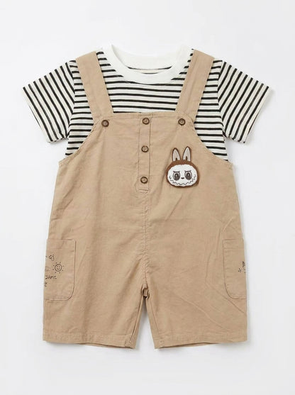 Labubu Inspired 2-Piece Premium Cotton Striped Tee & Dungaree Shorts Set