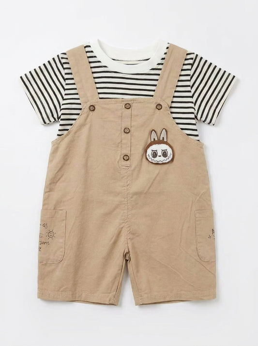 Labubu Inspired 2-Piece Premium Cotton Striped Tee & Dungaree Shorts Set