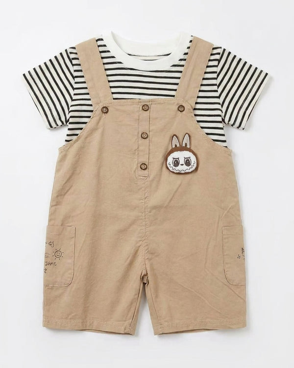 Labubu Inspired 2-Piece Premium Cotton Striped Tee & Dungaree Shorts Set