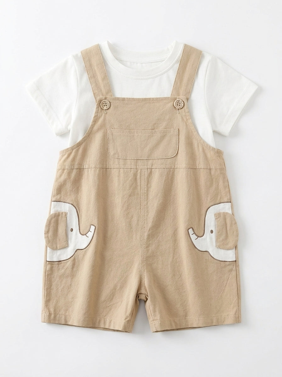 Brown Elephant 2-Piece Premium Cotton Tee & Dungaree Overalls Set