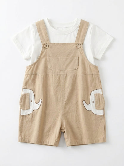 Brown Elephant 2-Piece Premium Cotton Tee & Dungaree Overalls Set