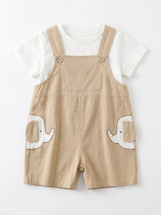 Brown Elephant 2-Piece Premium Cotton Tee & Dungaree Overalls Set