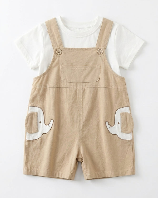 Brown Elephant 2-Piece Premium Cotton Tee & Dungaree Overalls Set