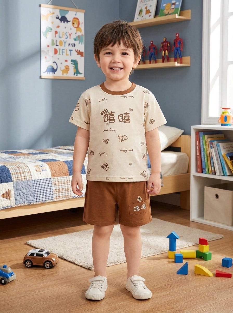 Sunshine Happy Event Brown 2-Piece Premium Combed Cotton Tee & Shorts Set for Kids