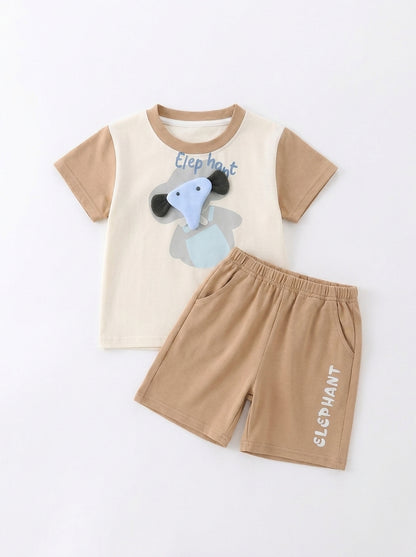 Yibeiwa 3D Elephant 2-Piece Premium Cotton Tee & Shorts Set
