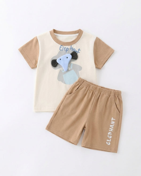Yibeiwa 3D Elephant 2-Piece Premium Cotton Tee & Shorts Set