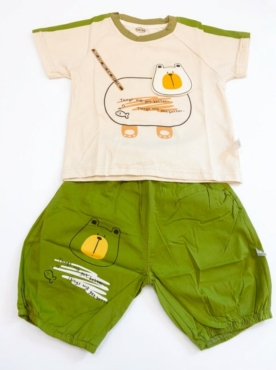 Yibeiwa Olive Bear 2-Piece Premium Cotton Tee & Bloomers Shorts Set
