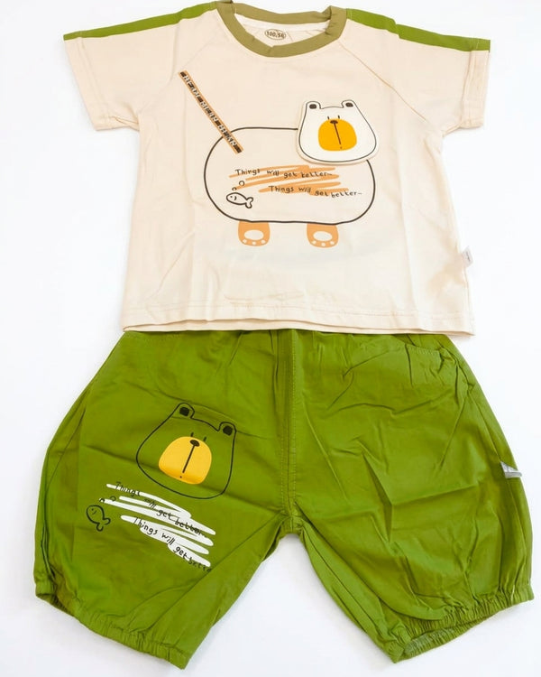 Yibeiwa Olive Bear 2-Piece Premium Cotton Tee & Bloomers Shorts Set