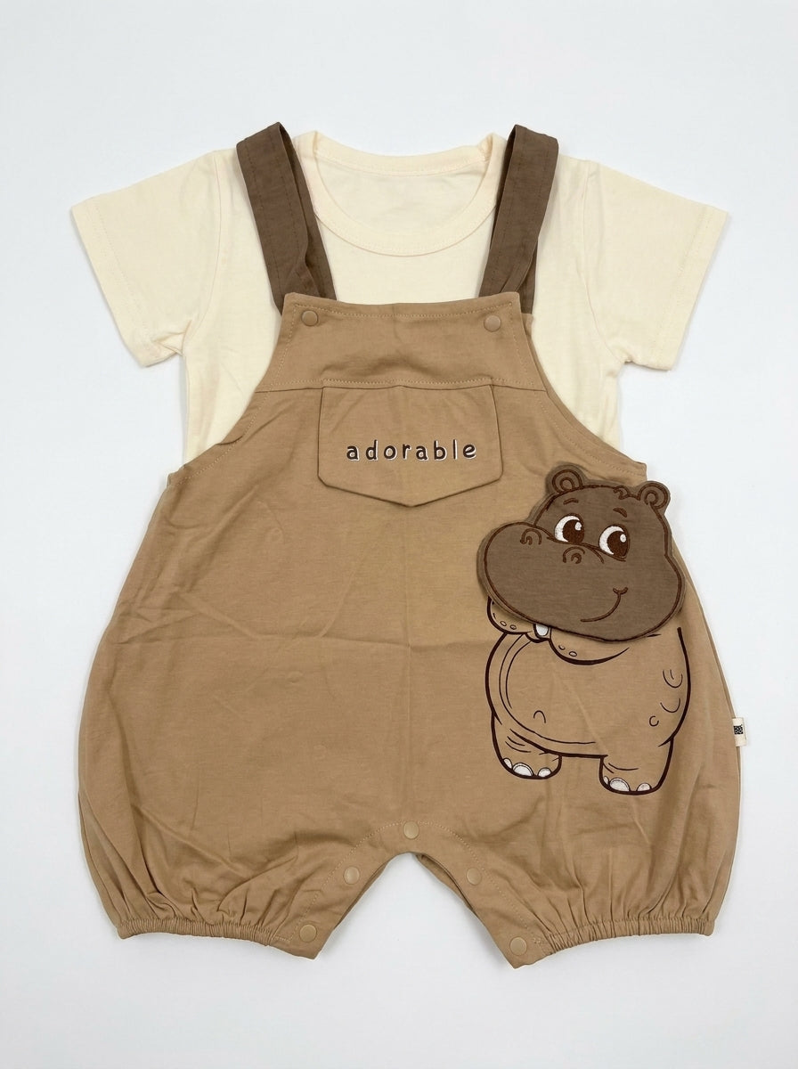 Adorable Moo Premium Cotton 2-Piece Effect Short Sleeve Overalls Romper