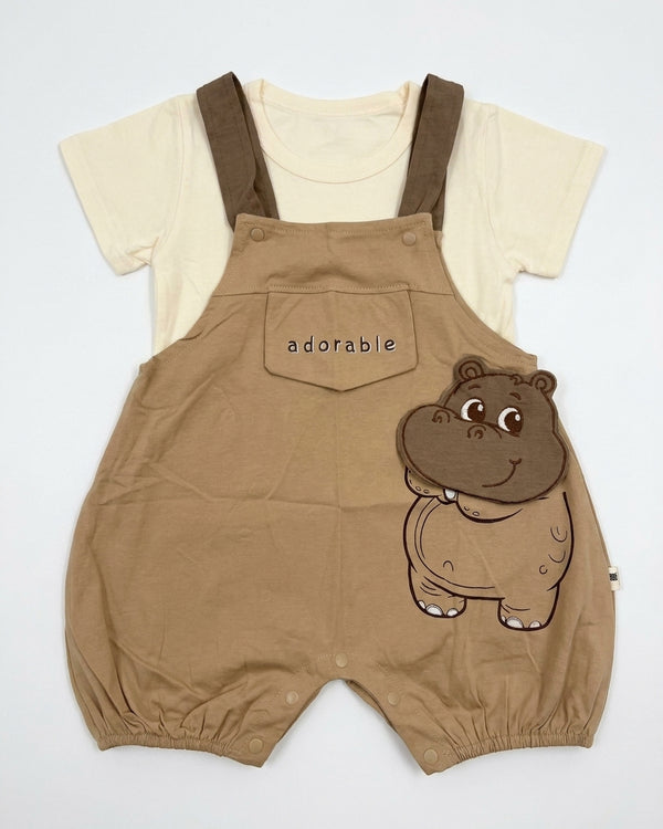Adorable Moo Premium Cotton 2-Piece Effect Short Sleeve Overalls Romper