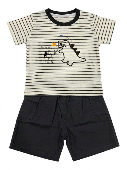 Yibeiwa Dino Striped 2-Piece Premium Cotton Tee & Cargo Shorts Set