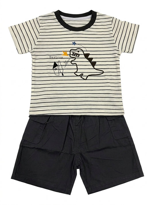 Yibeiwa Dino Striped 2-Piece Premium Cotton Tee & Cargo Shorts Set