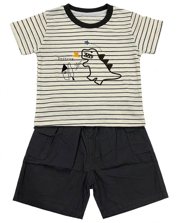 Yibeiwa Dino Striped 2-Piece Premium Cotton Tee & Cargo Shorts Set