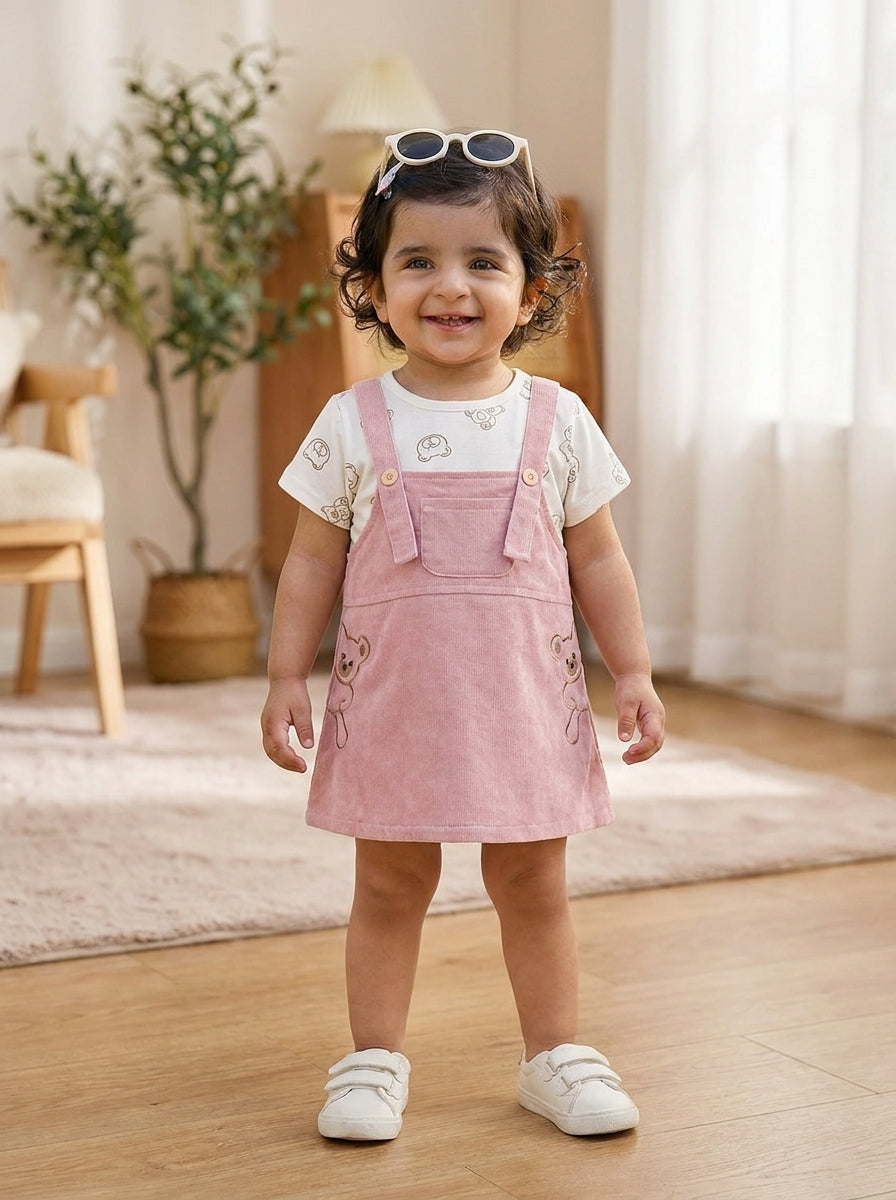 Teddy Printed 2-Piece Premium Cotton Pinafore Frock Set