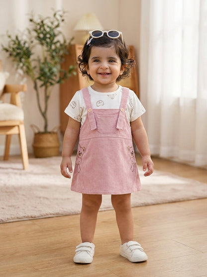 Teddy Printed 2-Piece Premium Cotton Pinafore Frock Set