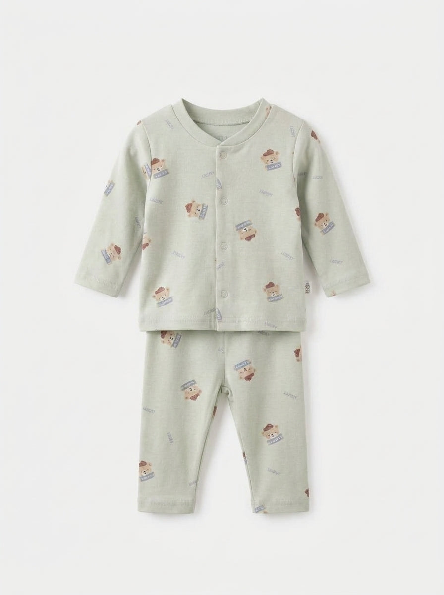 Sage Green Bear Printed Baby 2-Piece Pajama Set