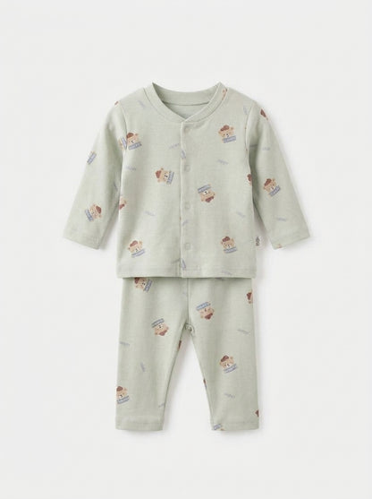 Sage Green Bear Printed Baby 2-Piece Pajama Set