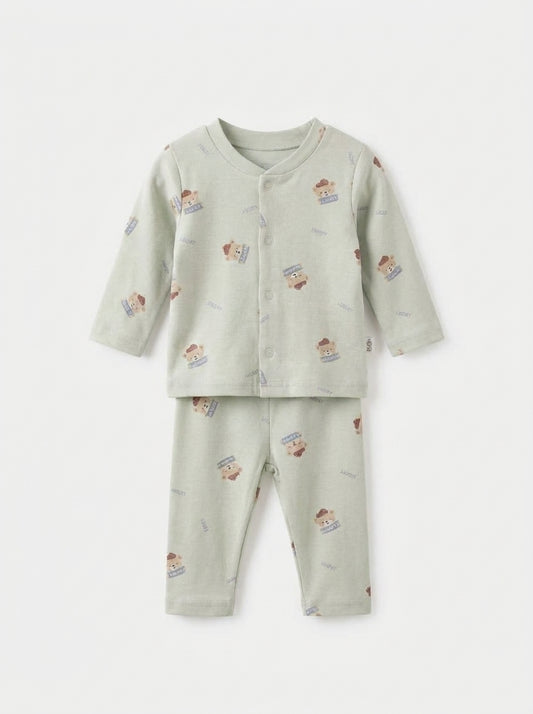 Sage Green Bear Printed Baby 2-Piece Pajama Set