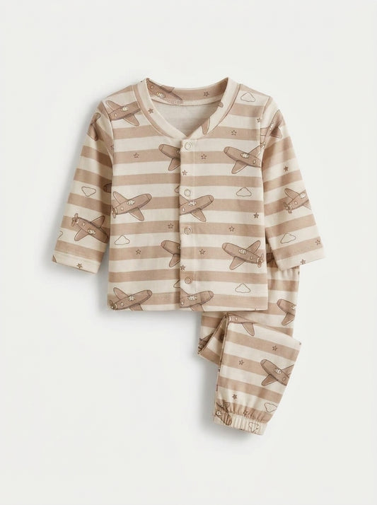 Beige/Skin Striped Aeroplane Baby 2-Piece Thermal Set