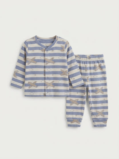Blue Striped Aeroplane Baby 2-Piece Thermal Set