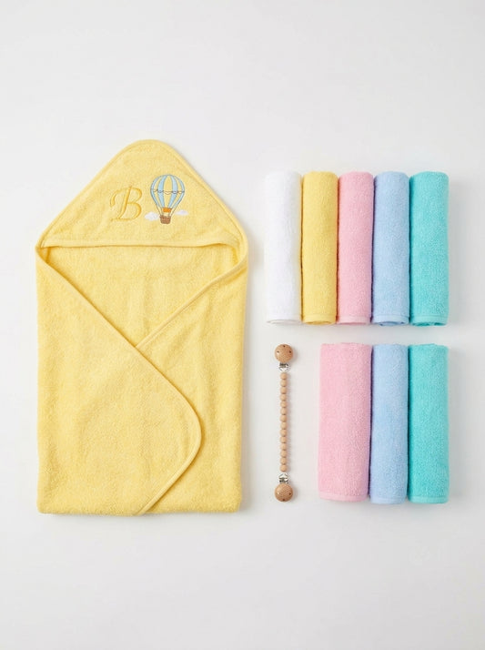 Soft Yellow Hot Air Balloon Hooded Bath Towel with Matching Washcloths Set
