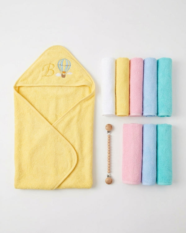 Soft Yellow Hot Air Balloon Hooded Bath Towel with Matching Washcloths Set