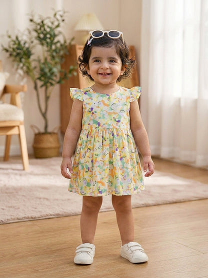 Watercolor Floral Yellow Premium Cotton Summer Frock with Ruffle Sleeves