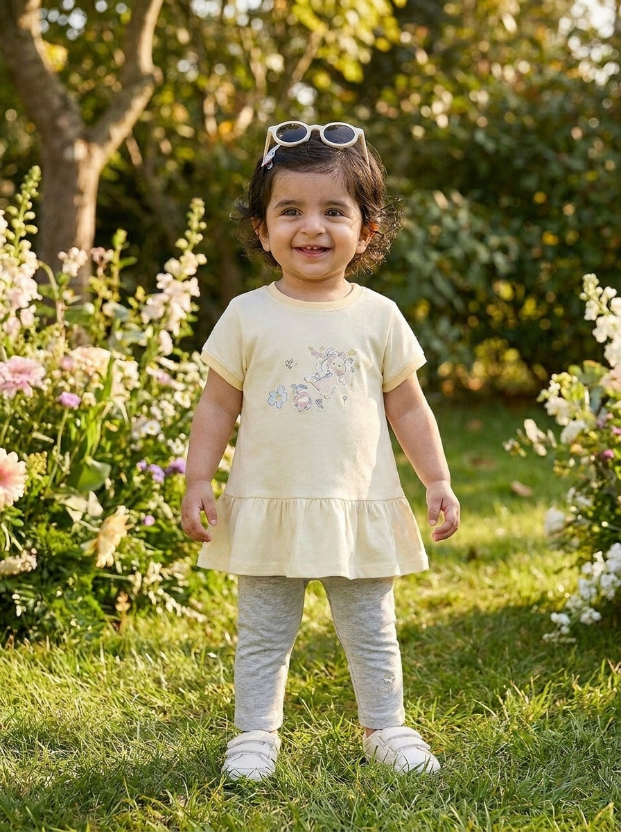 Sunshine Rabbit 2-Piece Premium Cotton Ruffle Top & Capri Pajama Set