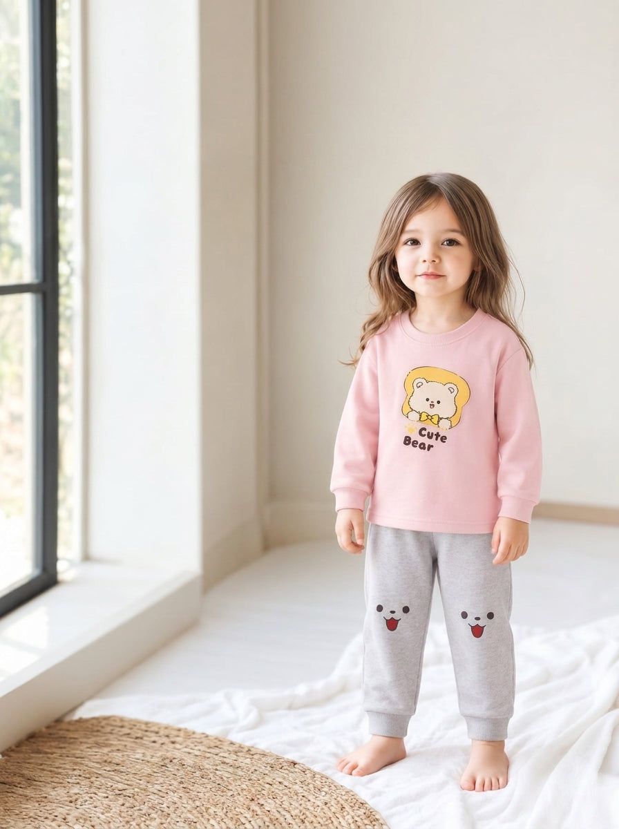 Pink Cute Bear Baby Sweatshirt Co-Ord Set