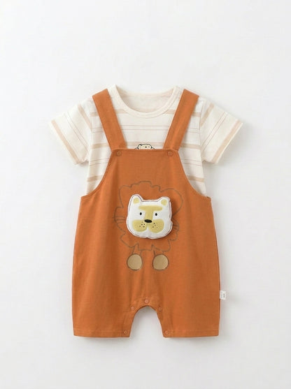 Yibeiwa Lion 2-Piece Premium Cotton Striped Tee & Dungaree Shorts Set