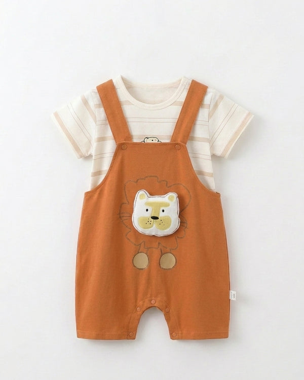 Yibeiwa Lion 2-Piece Premium Cotton Striped Tee & Dungaree Shorts Set