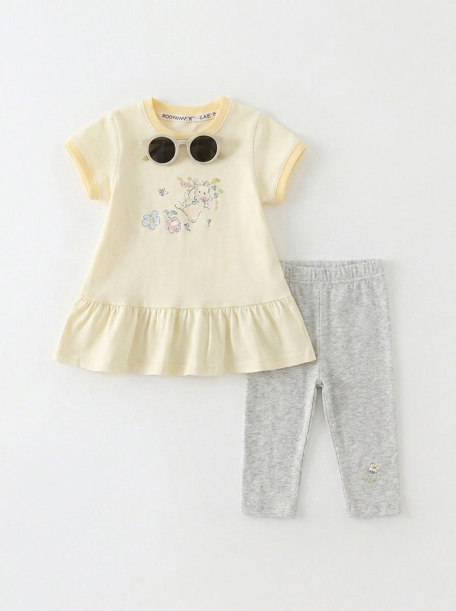 Sunshine Rabbit 2-Piece Premium Cotton Ruffle Top & Capri Pajama Set