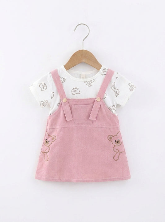 Teddy Printed 2-Piece Premium Cotton Pinafore Frock Set