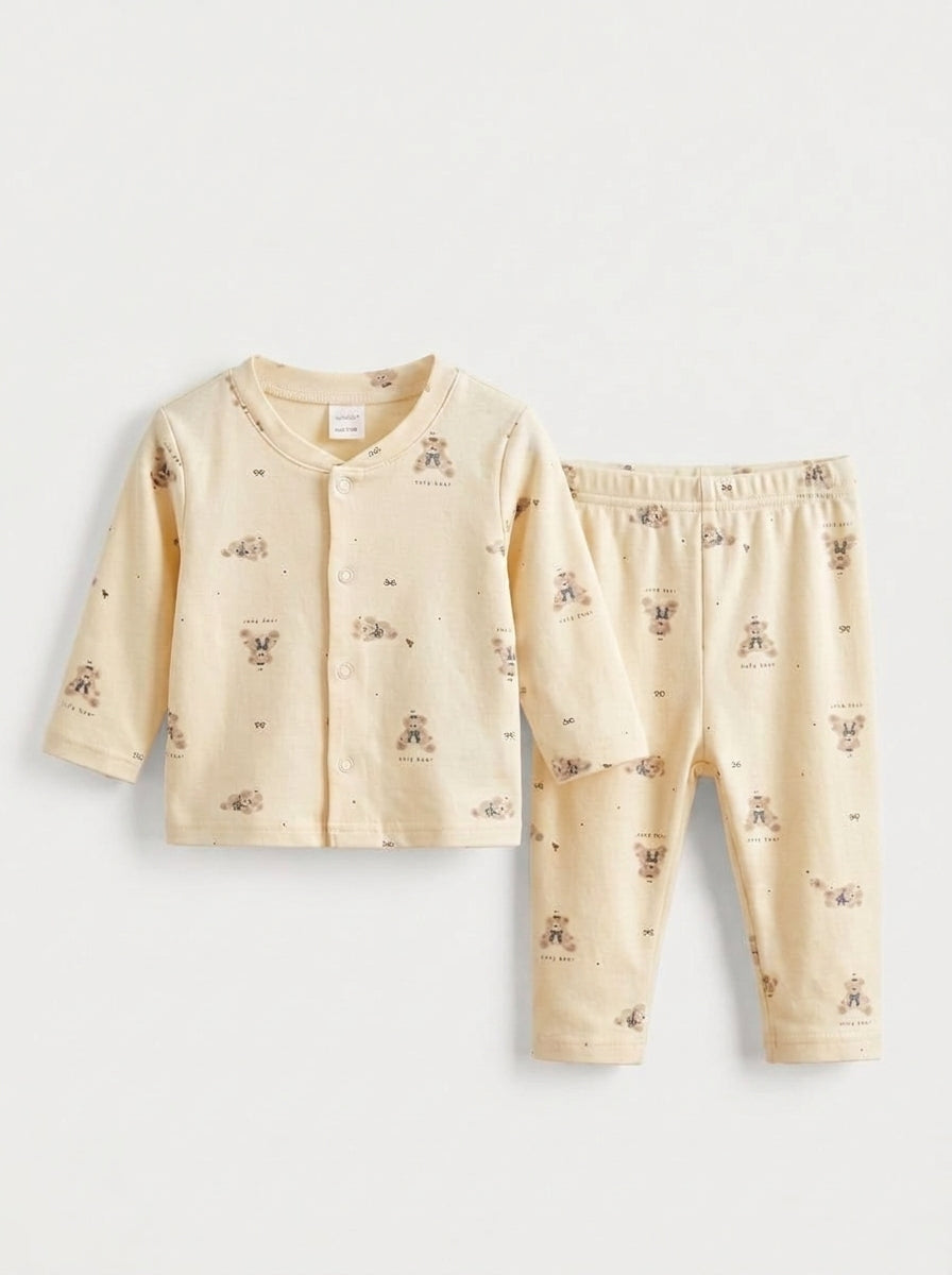 Creamy Teddy Printed Baby 2-Piece Thermal Set
