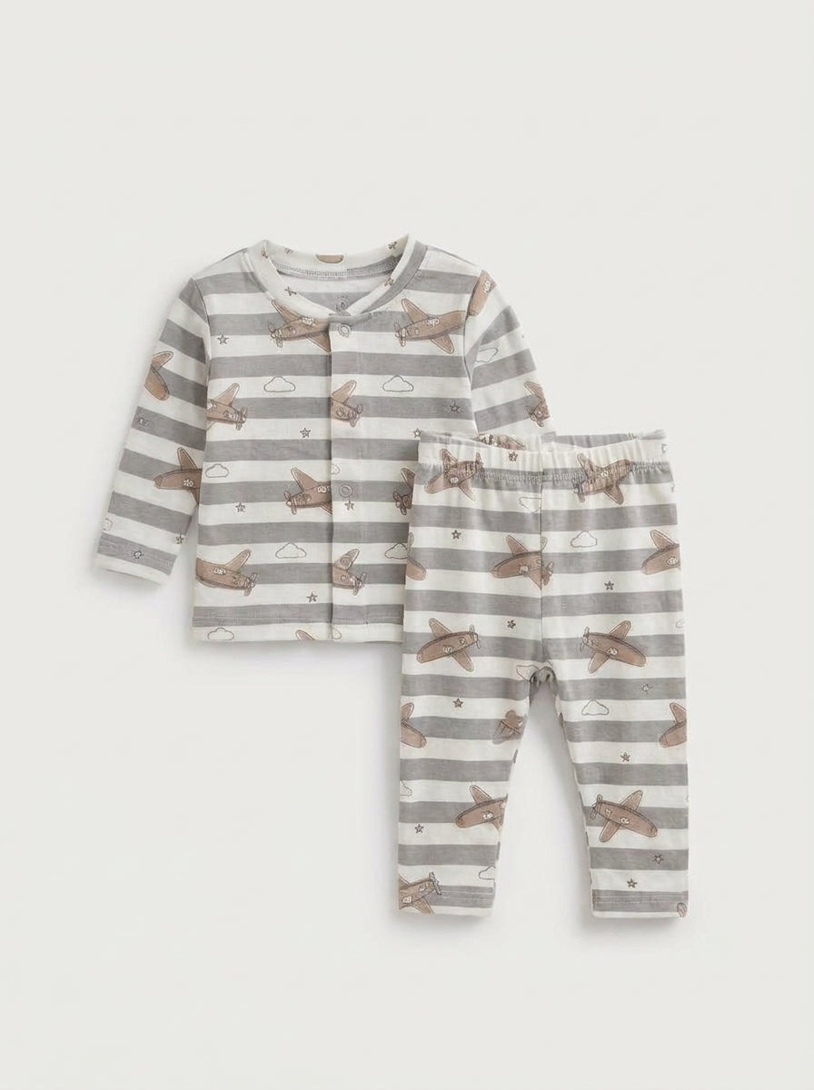 Grey Striped Aeroplane Baby 2-Piece Thermal Set
