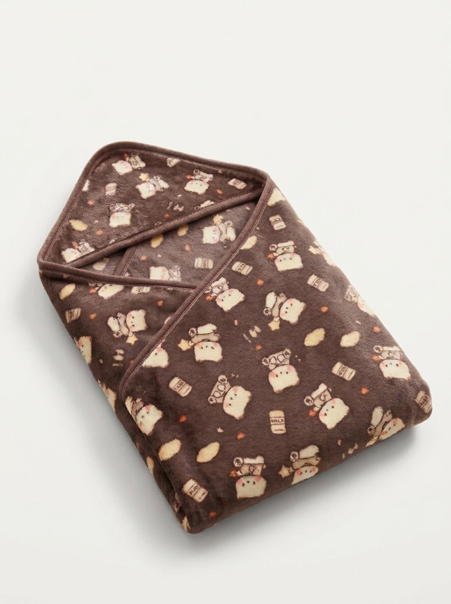 Warm Chocolate Brown Space Bear Printed Hooded Plush Baby Blanket