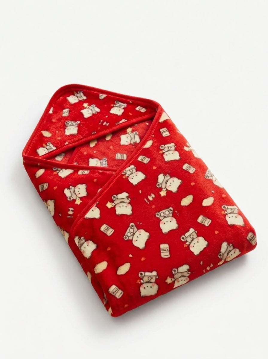 Vibrant Red Space Bear Printed Hooded Plush Baby Blanket