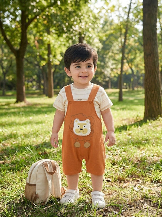 Yibeiwa Lion 2-Piece Premium Cotton Striped Tee & Dungaree Shorts Set
